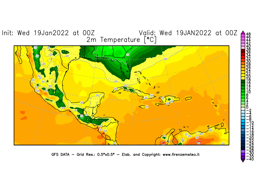 Mappa di analisi GFS - Temperatura a 2 metri dal suolo [°C] in Centro-America
							del 19/01/2022 00 <!--googleoff: index-->UTC<!--googleon: index-->