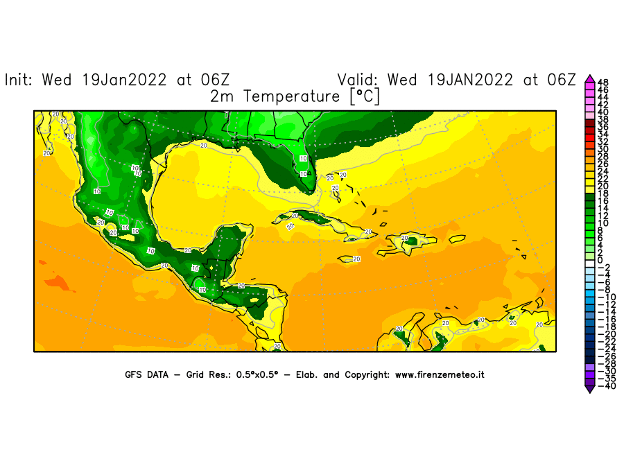 Mappa di analisi GFS - Temperatura a 2 metri dal suolo [°C] in Centro-America
							del 19/01/2022 06 <!--googleoff: index-->UTC<!--googleon: index-->