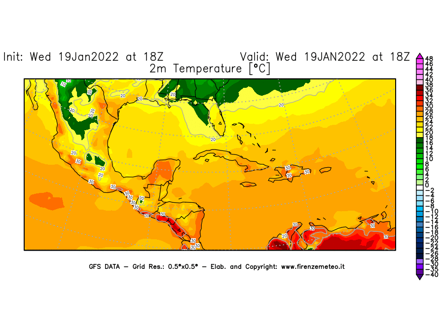 Mappa di analisi GFS - Temperatura a 2 metri dal suolo [°C] in Centro-America
							del 19/01/2022 18 <!--googleoff: index-->UTC<!--googleon: index-->