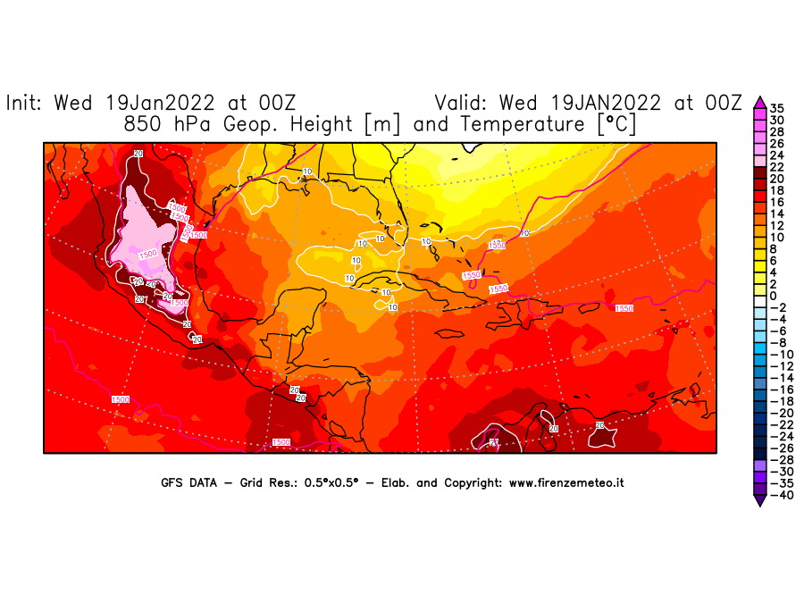 Mappa di analisi GFS - Geopotenziale [m] e Temperatura [°C] a 850 hPa in Centro-America
							del 19/01/2022 00 <!--googleoff: index-->UTC<!--googleon: index-->