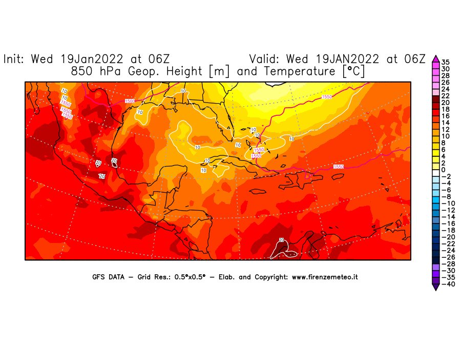 Mappa di analisi GFS - Geopotenziale [m] e Temperatura [°C] a 850 hPa in Centro-America
							del 19/01/2022 06 <!--googleoff: index-->UTC<!--googleon: index-->