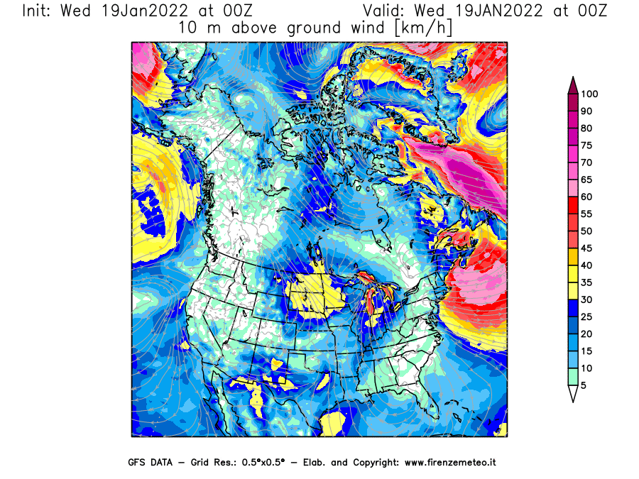 Mappa di analisi GFS - Velocità del vento a 10 metri dal suolo [km/h] in Nord-America
							del 19/01/2022 00 <!--googleoff: index-->UTC<!--googleon: index-->