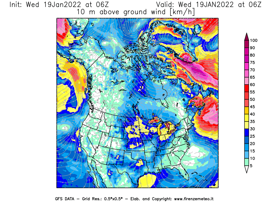 Mappa di analisi GFS - Velocità del vento a 10 metri dal suolo [km/h] in Nord-America
							del 19/01/2022 06 <!--googleoff: index-->UTC<!--googleon: index-->