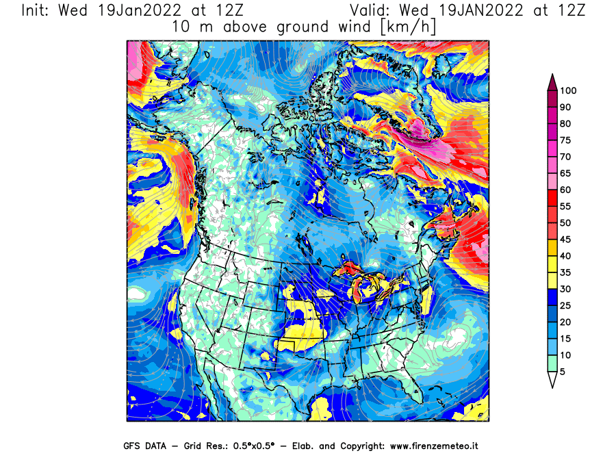 Mappa di analisi GFS - Velocità del vento a 10 metri dal suolo [km/h] in Nord-America
							del 19/01/2022 12 <!--googleoff: index-->UTC<!--googleon: index-->