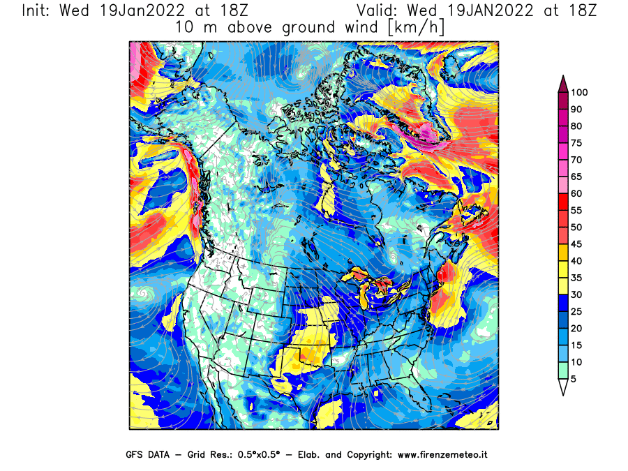 Mappa di analisi GFS - Velocità del vento a 10 metri dal suolo [km/h] in Nord-America
							del 19/01/2022 18 <!--googleoff: index-->UTC<!--googleon: index-->