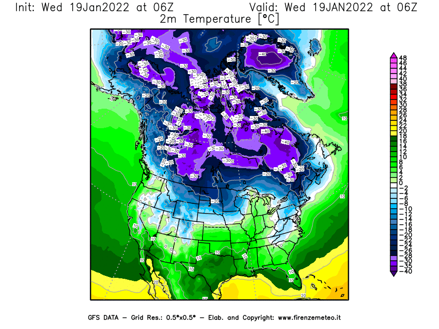 Mappa di analisi GFS - Temperatura a 2 metri dal suolo [°C] in Nord-America
							del 19/01/2022 06 <!--googleoff: index-->UTC<!--googleon: index-->