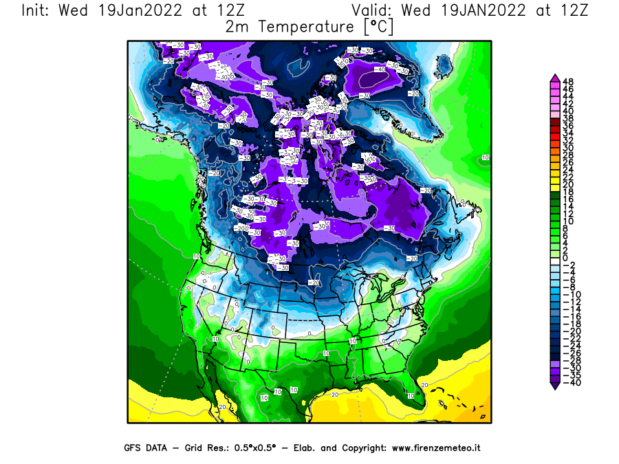Mappa di analisi GFS - Temperatura a 2 metri dal suolo [°C] in Nord-America
							del 19/01/2022 12 <!--googleoff: index-->UTC<!--googleon: index-->