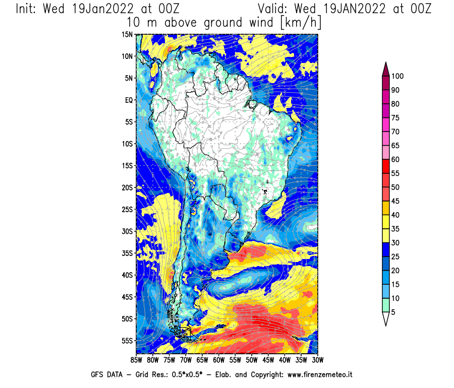 Mappa di analisi GFS - Velocità del vento a 10 metri dal suolo [km/h] in Sud-America
							del 19/01/2022 00 <!--googleoff: index-->UTC<!--googleon: index-->