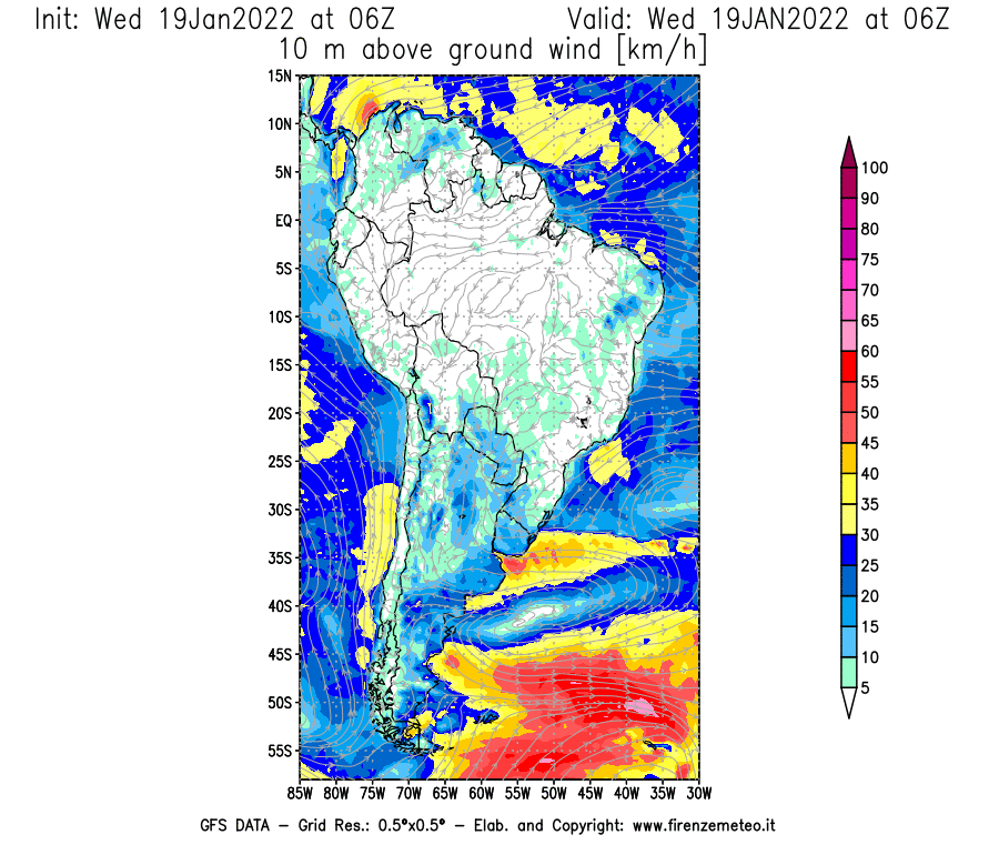 Mappa di analisi GFS - Velocità del vento a 10 metri dal suolo [km/h] in Sud-America
							del 19/01/2022 06 <!--googleoff: index-->UTC<!--googleon: index-->