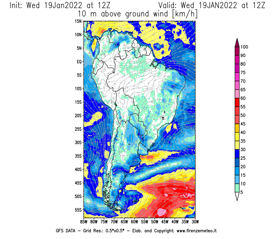 Mappa di analisi GFS - Velocità del vento a 10 metri dal suolo [km/h] in Sud-America
							del 19/01/2022 12 <!--googleoff: index-->UTC<!--googleon: index-->