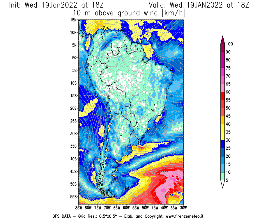 Mappa di analisi GFS - Velocità del vento a 10 metri dal suolo [km/h] in Sud-America
							del 19/01/2022 18 <!--googleoff: index-->UTC<!--googleon: index-->