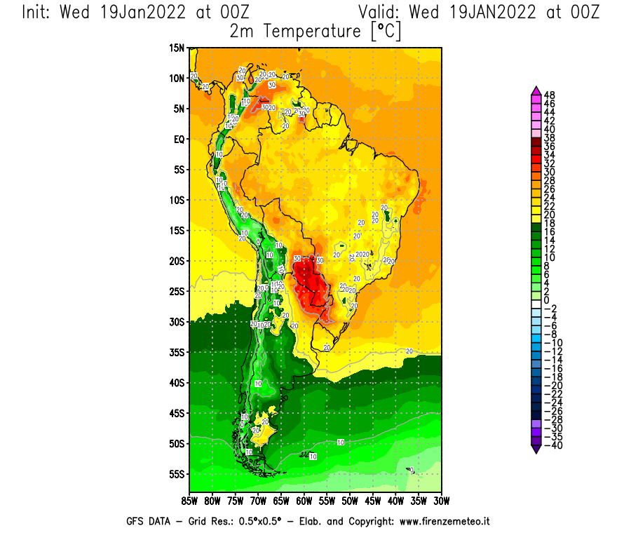 Mappa di analisi GFS - Temperatura a 2 metri dal suolo [°C] in Sud-America
							del 19/01/2022 00 <!--googleoff: index-->UTC<!--googleon: index-->