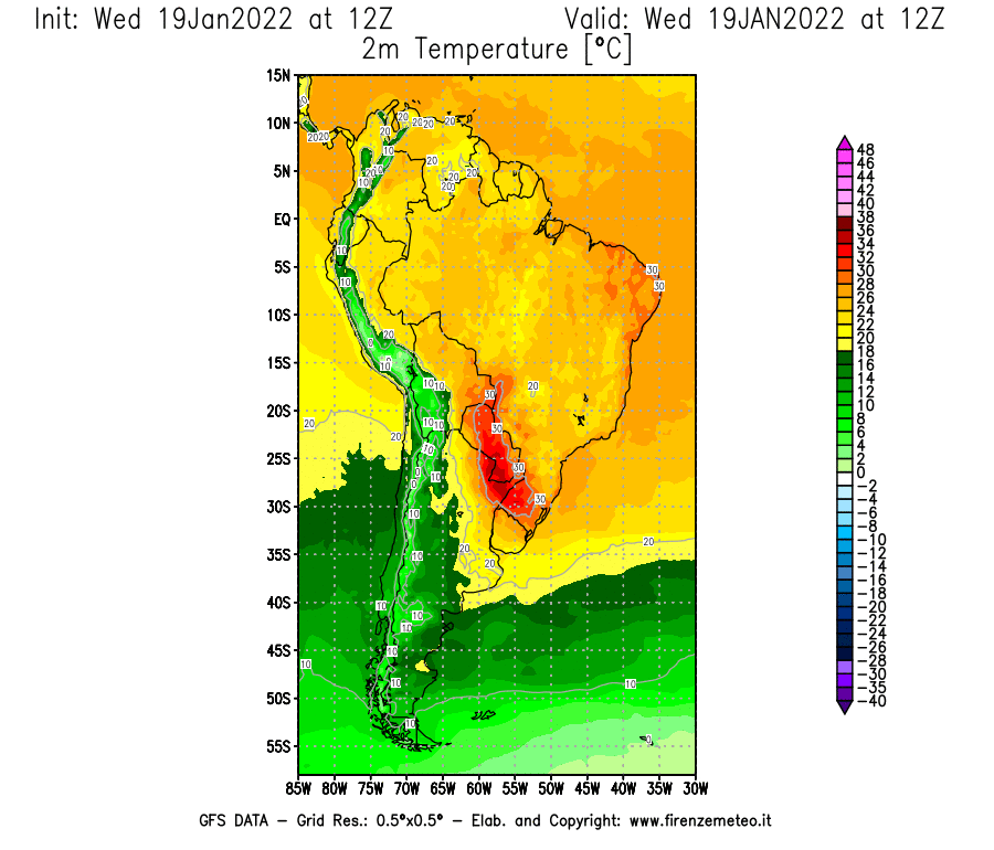 Mappa di analisi GFS - Temperatura a 2 metri dal suolo [°C] in Sud-America
							del 19/01/2022 12 <!--googleoff: index-->UTC<!--googleon: index-->