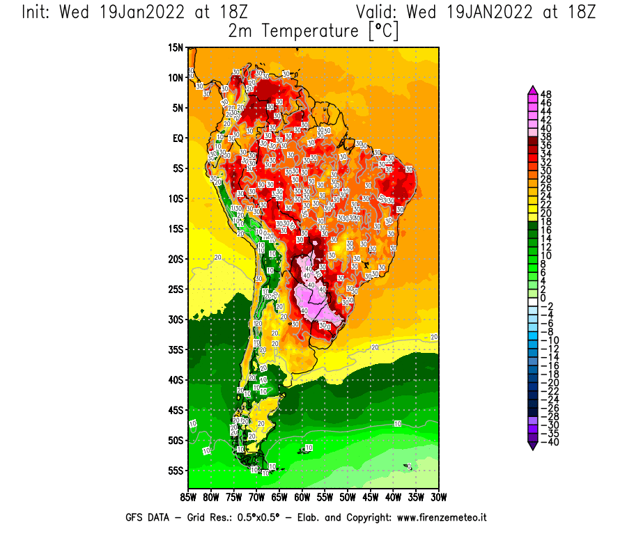 Mappa di analisi GFS - Temperatura a 2 metri dal suolo [°C] in Sud-America
							del 19/01/2022 18 <!--googleoff: index-->UTC<!--googleon: index-->