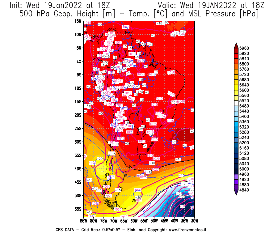 Mappa di analisi GFS - Geopotenziale [m] + Temp. [°C] a 500 hPa + Press. a livello del mare [hPa] in Sud-America
							del 19/01/2022 18 <!--googleoff: index-->UTC<!--googleon: index-->