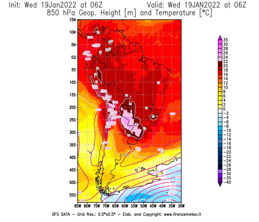 Mappa di analisi GFS - Geopotenziale [m] e Temperatura [°C] a 850 hPa in Sud-America
							del 19/01/2022 06 <!--googleoff: index-->UTC<!--googleon: index-->