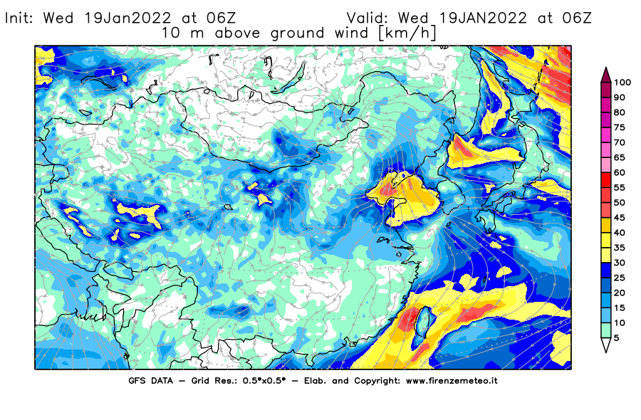 Mappa di analisi GFS - Velocità del vento a 10 metri dal suolo [km/h] in Asia Orientale
							del 19/01/2022 06 <!--googleoff: index-->UTC<!--googleon: index-->