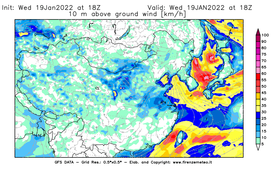 Mappa di analisi GFS - Velocità del vento a 10 metri dal suolo [km/h] in Asia Orientale
							del 19/01/2022 18 <!--googleoff: index-->UTC<!--googleon: index-->