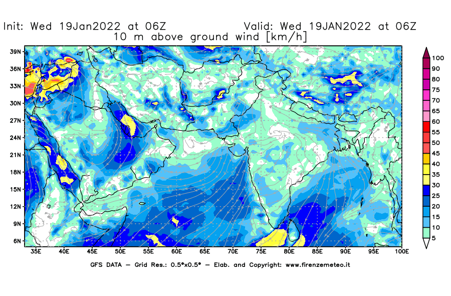 Mappa di analisi GFS - Velocità del vento a 10 metri dal suolo [km/h] in Asia Sud-Occidentale
							del 19/01/2022 06 <!--googleoff: index-->UTC<!--googleon: index-->