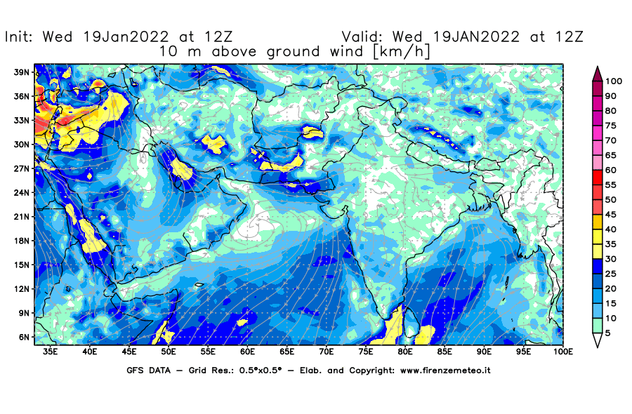 Mappa di analisi GFS - Velocità del vento a 10 metri dal suolo [km/h] in Asia Sud-Occidentale
							del 19/01/2022 12 <!--googleoff: index-->UTC<!--googleon: index-->