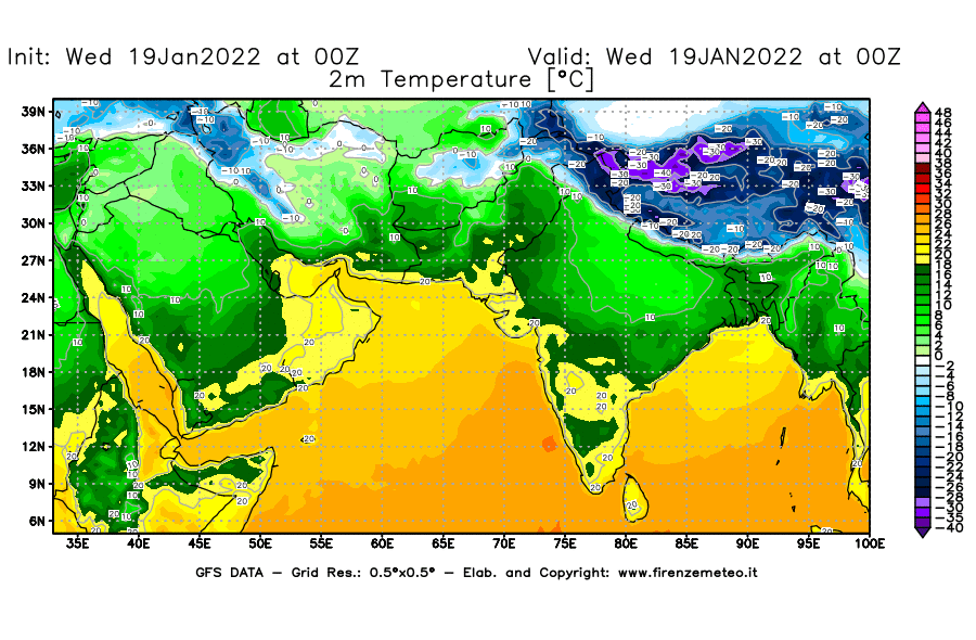 Mappa di analisi GFS - Temperatura a 2 metri dal suolo [°C] in Asia Sud-Occidentale
							del 19/01/2022 00 <!--googleoff: index-->UTC<!--googleon: index-->
