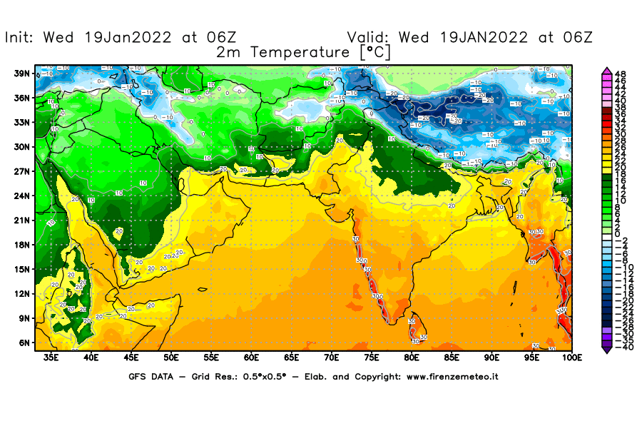 Mappa di analisi GFS - Temperatura a 2 metri dal suolo [°C] in Asia Sud-Occidentale
							del 19/01/2022 06 <!--googleoff: index-->UTC<!--googleon: index-->