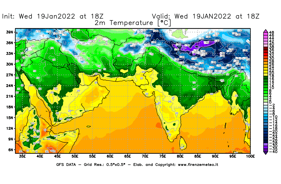 Mappa di analisi GFS - Temperatura a 2 metri dal suolo [°C] in Asia Sud-Occidentale
							del 19/01/2022 18 <!--googleoff: index-->UTC<!--googleon: index-->