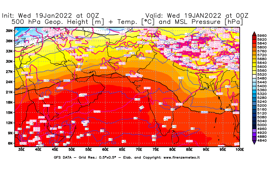 Mappa di analisi GFS - Geopotenziale [m] + Temp. [°C] a 500 hPa + Press. a livello del mare [hPa] in Asia Sud-Occidentale
							del 19/01/2022 00 <!--googleoff: index-->UTC<!--googleon: index-->