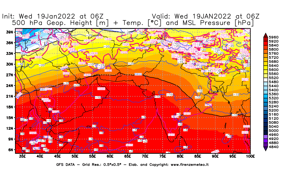 Mappa di analisi GFS - Geopotenziale [m] + Temp. [°C] a 500 hPa + Press. a livello del mare [hPa] in Asia Sud-Occidentale
							del 19/01/2022 06 <!--googleoff: index-->UTC<!--googleon: index-->