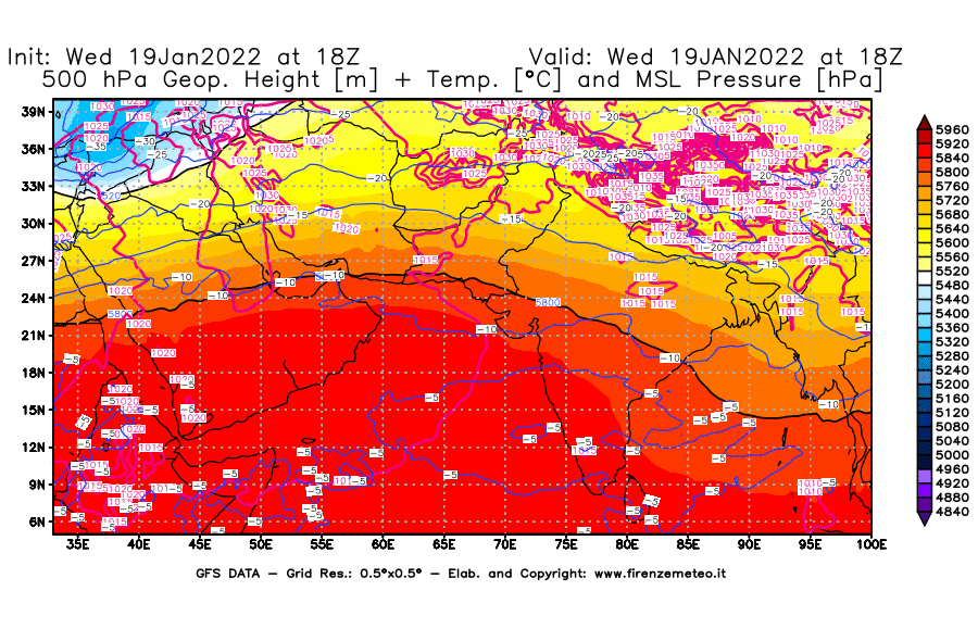 Mappa di analisi GFS - Geopotenziale [m] + Temp. [°C] a 500 hPa + Press. a livello del mare [hPa] in Asia Sud-Occidentale
							del 19/01/2022 18 <!--googleoff: index-->UTC<!--googleon: index-->
