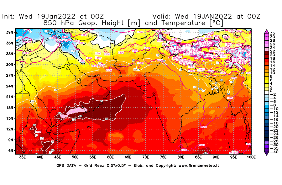 Mappa di analisi GFS - Geopotenziale [m] e Temperatura [°C] a 850 hPa in Asia Sud-Occidentale
							del 19/01/2022 00 <!--googleoff: index-->UTC<!--googleon: index-->
