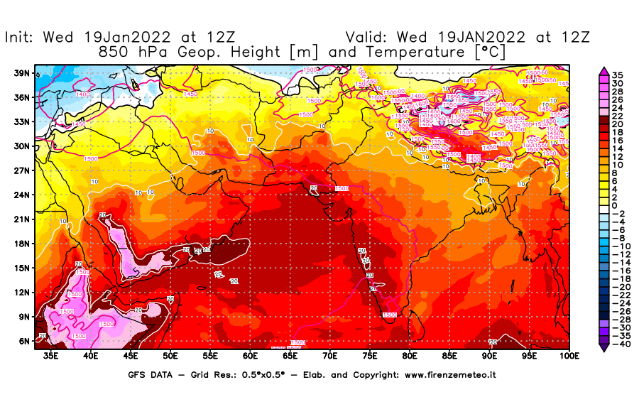 Mappa di analisi GFS - Geopotenziale [m] e Temperatura [°C] a 850 hPa in Asia Sud-Occidentale
							del 19/01/2022 12 <!--googleoff: index-->UTC<!--googleon: index-->