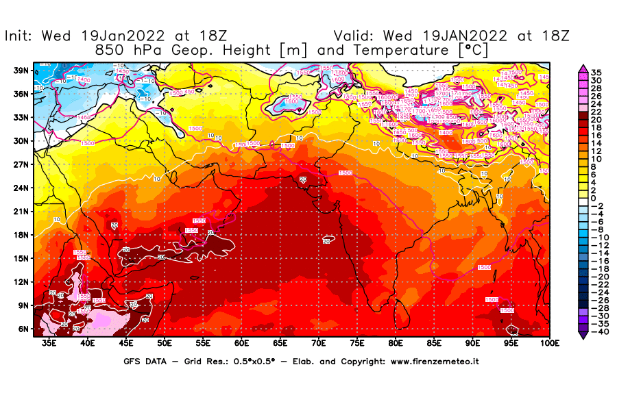 Mappa di analisi GFS - Geopotenziale [m] e Temperatura [°C] a 850 hPa in Asia Sud-Occidentale
							del 19/01/2022 18 <!--googleoff: index-->UTC<!--googleon: index-->