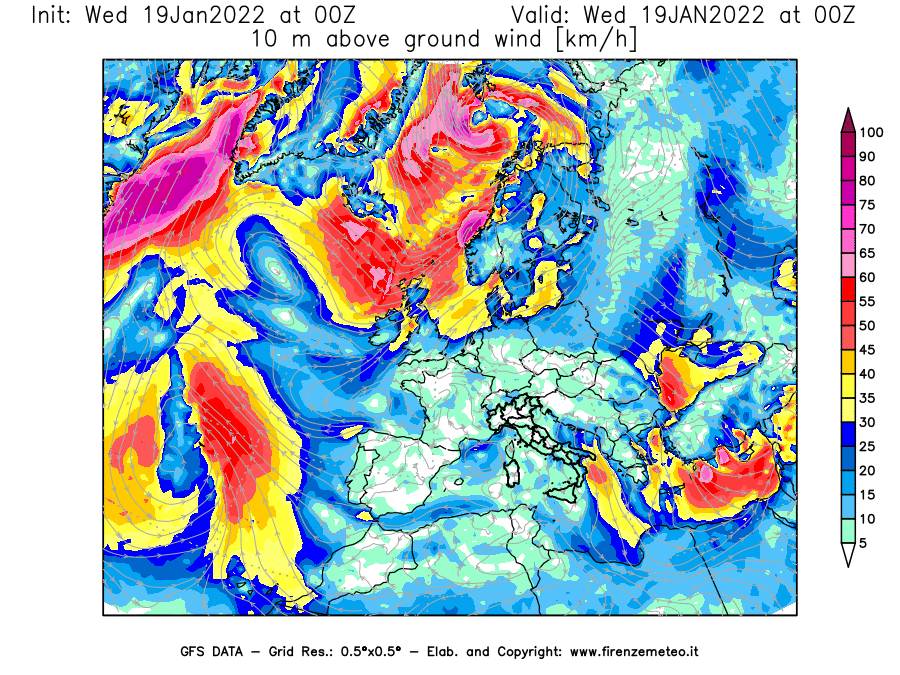 Mappa di analisi GFS - Velocità del vento a 10 metri dal suolo [km/h] in Europa
							del 19/01/2022 00 <!--googleoff: index-->UTC<!--googleon: index-->
