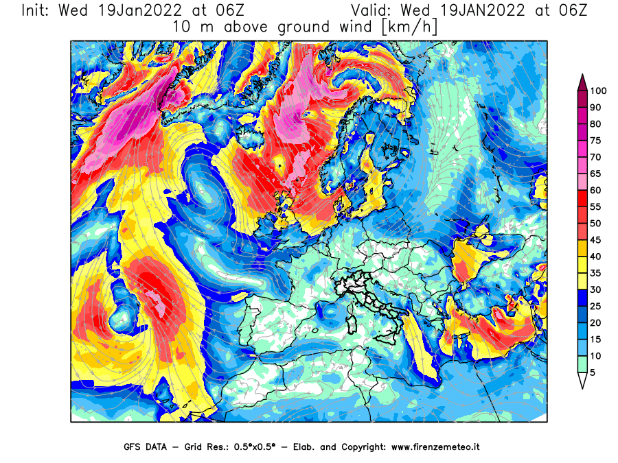 Mappa di analisi GFS - Velocità del vento a 10 metri dal suolo [km/h] in Europa
							del 19/01/2022 06 <!--googleoff: index-->UTC<!--googleon: index-->