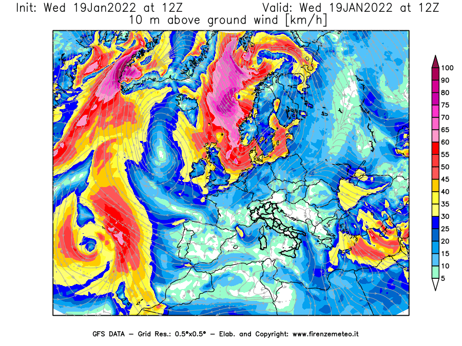 Mappa di analisi GFS - Velocità del vento a 10 metri dal suolo [km/h] in Europa
							del 19/01/2022 12 <!--googleoff: index-->UTC<!--googleon: index-->