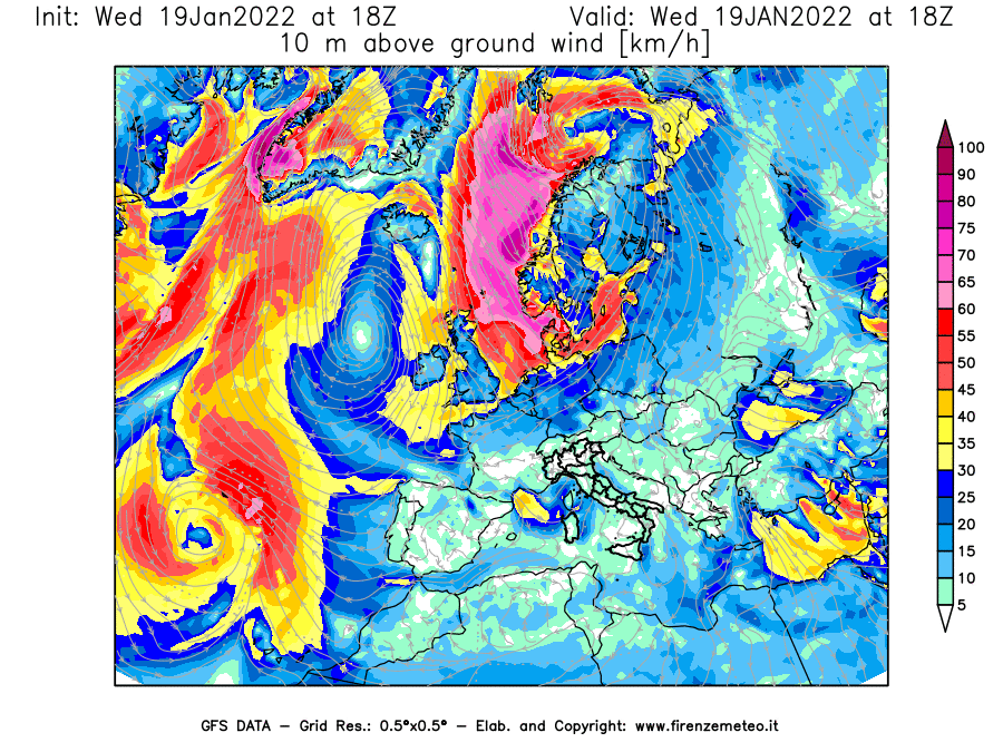 Mappa di analisi GFS - Velocità del vento a 10 metri dal suolo [km/h] in Europa
							del 19/01/2022 18 <!--googleoff: index-->UTC<!--googleon: index-->