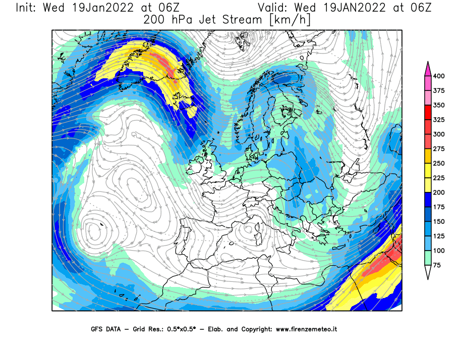 Mappa di analisi GFS - Jet Stream a 200 hPa in Europa
							del 19/01/2022 06 <!--googleoff: index-->UTC<!--googleon: index-->