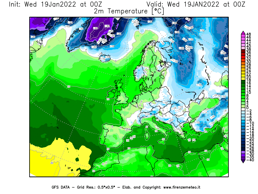 Mappa di analisi GFS - Temperatura a 2 metri dal suolo [°C] in Europa
							del 19/01/2022 00 <!--googleoff: index-->UTC<!--googleon: index-->