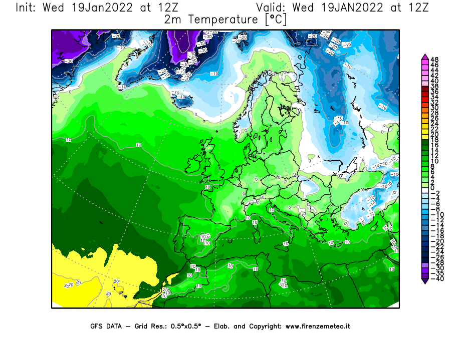 Mappa di analisi GFS - Temperatura a 2 metri dal suolo [°C] in Europa
							del 19/01/2022 12 <!--googleoff: index-->UTC<!--googleon: index-->