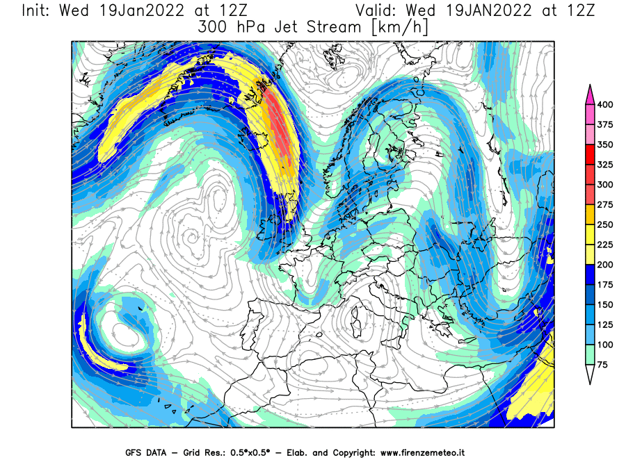 Mappa di analisi GFS - Jet Stream a 300 hPa in Europa
							del 19/01/2022 12 <!--googleoff: index-->UTC<!--googleon: index-->