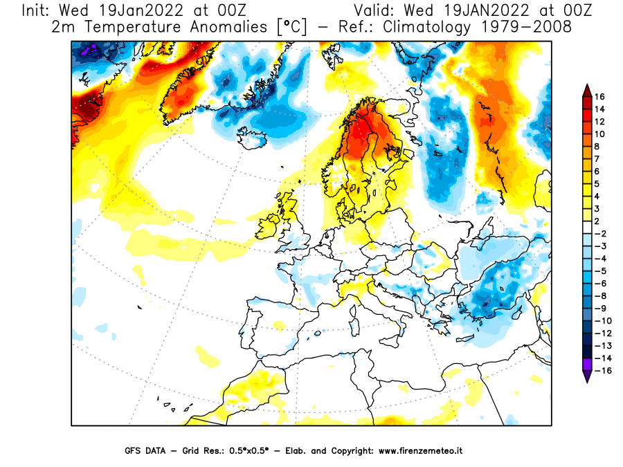 Mappa di analisi GFS - Anomalia Temperatura [°C] a 2 m in Europa
							del 19/01/2022 00 <!--googleoff: index-->UTC<!--googleon: index-->