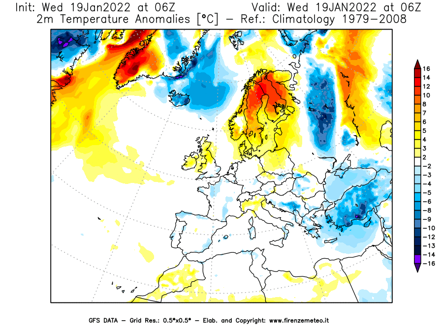 Mappa di analisi GFS - Anomalia Temperatura [°C] a 2 m in Europa
							del 19/01/2022 06 <!--googleoff: index-->UTC<!--googleon: index-->