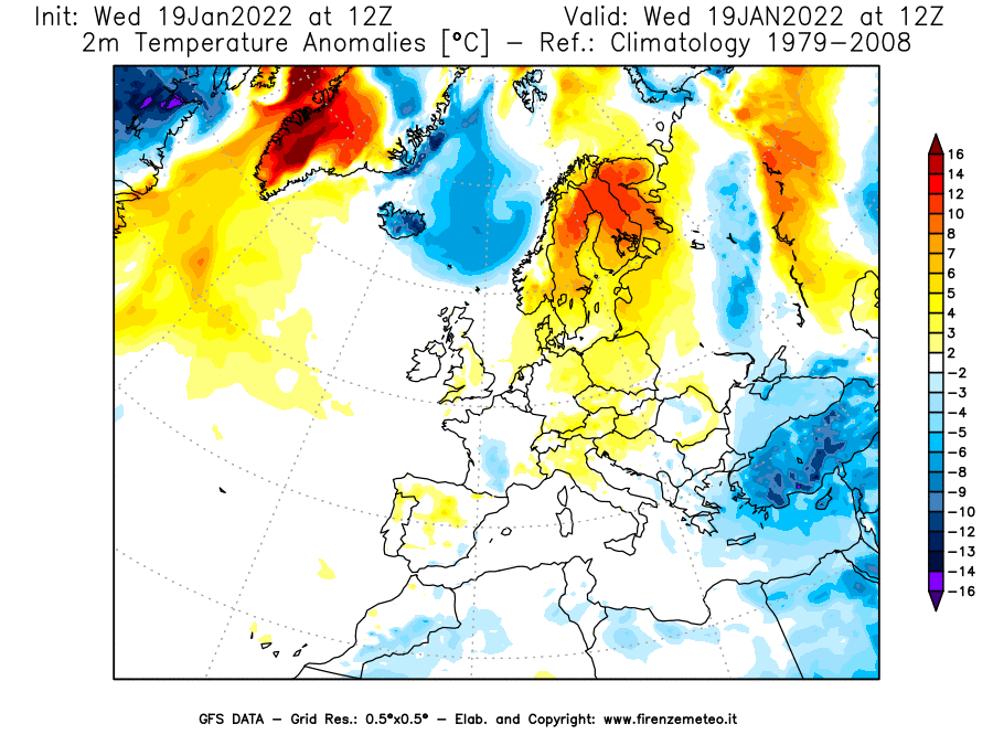 Mappa di analisi GFS - Anomalia Temperatura [°C] a 2 m in Europa
							del 19/01/2022 12 <!--googleoff: index-->UTC<!--googleon: index-->