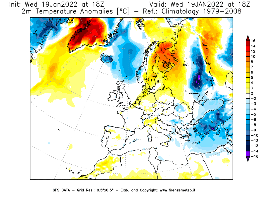 Mappa di analisi GFS - Anomalia Temperatura [°C] a 2 m in Europa
							del 19/01/2022 18 <!--googleoff: index-->UTC<!--googleon: index-->