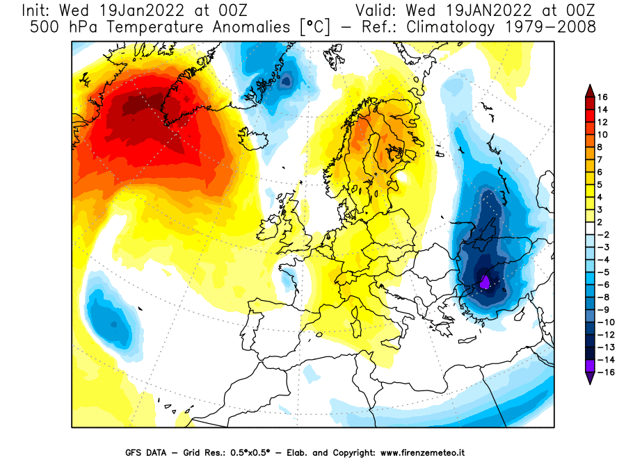 Mappa di analisi GFS - Anomalia Temperatura [°C] a 500 hPa in Europa
							del 19/01/2022 00 <!--googleoff: index-->UTC<!--googleon: index-->