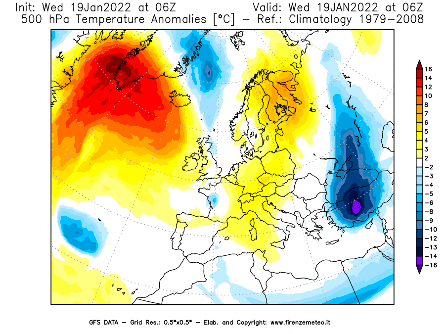 Mappa di analisi GFS - Anomalia Temperatura [°C] a 500 hPa in Europa
							del 19/01/2022 06 <!--googleoff: index-->UTC<!--googleon: index-->