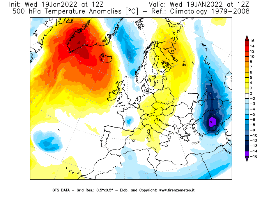 Mappa di analisi GFS - Anomalia Temperatura [°C] a 500 hPa in Europa
							del 19/01/2022 12 <!--googleoff: index-->UTC<!--googleon: index-->
