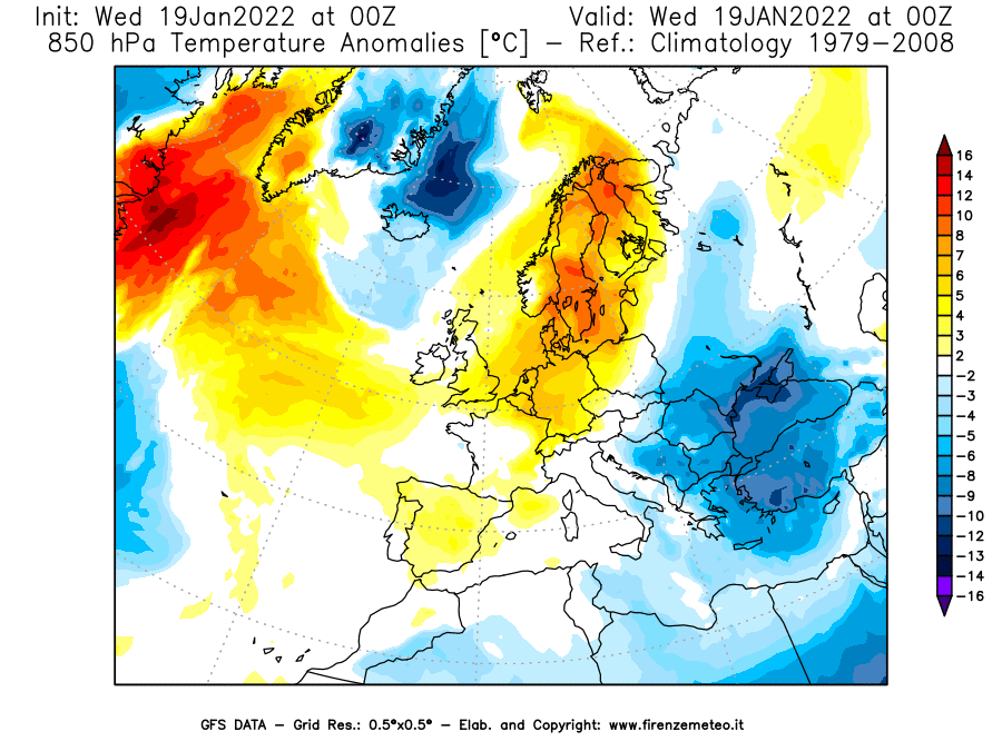 Mappa di analisi GFS - Anomalia Temperatura [°C] a 850 hPa in Europa
							del 19/01/2022 00 <!--googleoff: index-->UTC<!--googleon: index-->