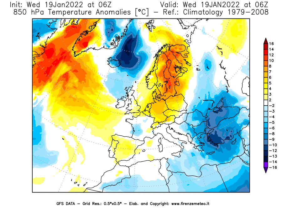 Mappa di analisi GFS - Anomalia Temperatura [°C] a 850 hPa in Europa
							del 19/01/2022 06 <!--googleoff: index-->UTC<!--googleon: index-->